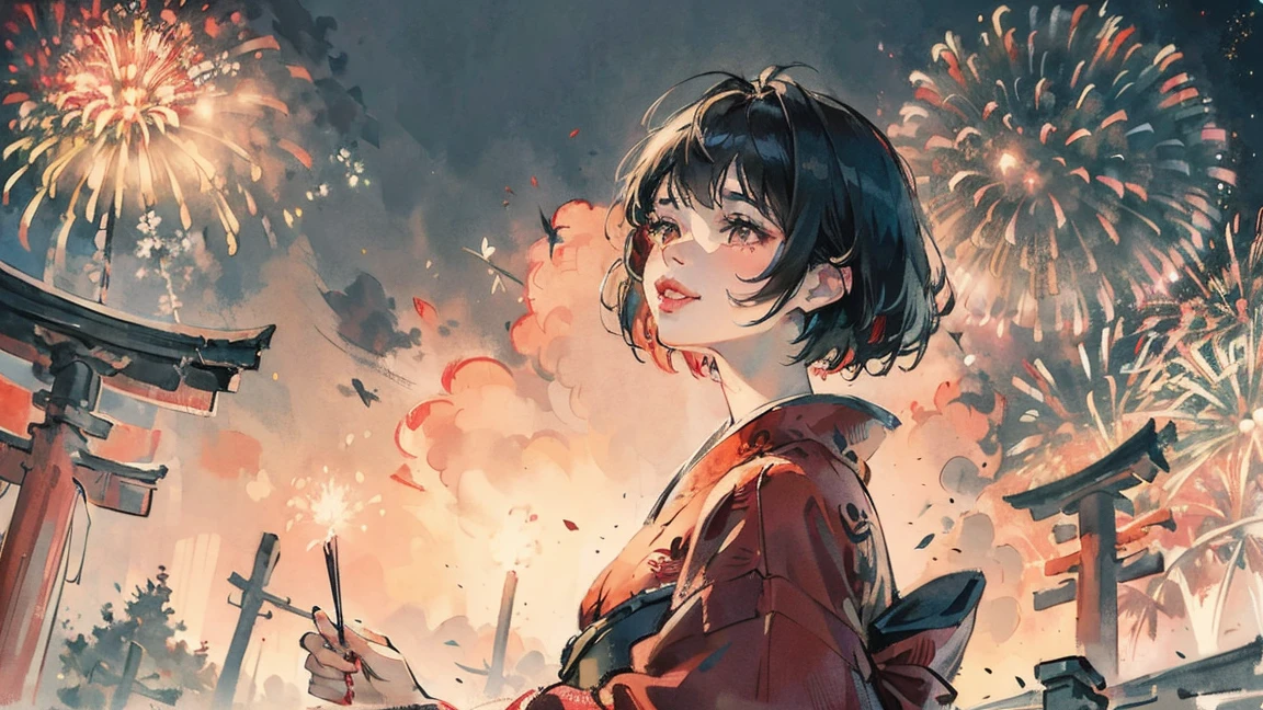 (((beautiful girl))), (((red cheek))),(((Pixie Cut))) ,(((Chuckle-Smile))),(((torii))), (((shoot from below))),(((from side))),(((Gazing Skyward:1.1))),(((night))),(((Huge fireworks))), (Lips are red:1.5),20-year-old, Watercolor, masterpiece, Highest quality, Very delicate and beautiful girl,Very delicate and beautiful, world masterpiece theater, Super detailed, Very detailedな, Highest quality,(((fancy red kimono)))。 (((Black Hair))), (((Black Hair))), (((Black Hair))), (((Upper Body))), (((Upper Body))), (((Upper Body))), (((Upper Body))), (((Upper Body))), (((Upper Body))), High resolution, Very detailed,5 girls, Highest quality, figure, masterpiece, Highest quality, Accuracy, A woman in her twenties from the late Edo period, He has a modern anime-like face.