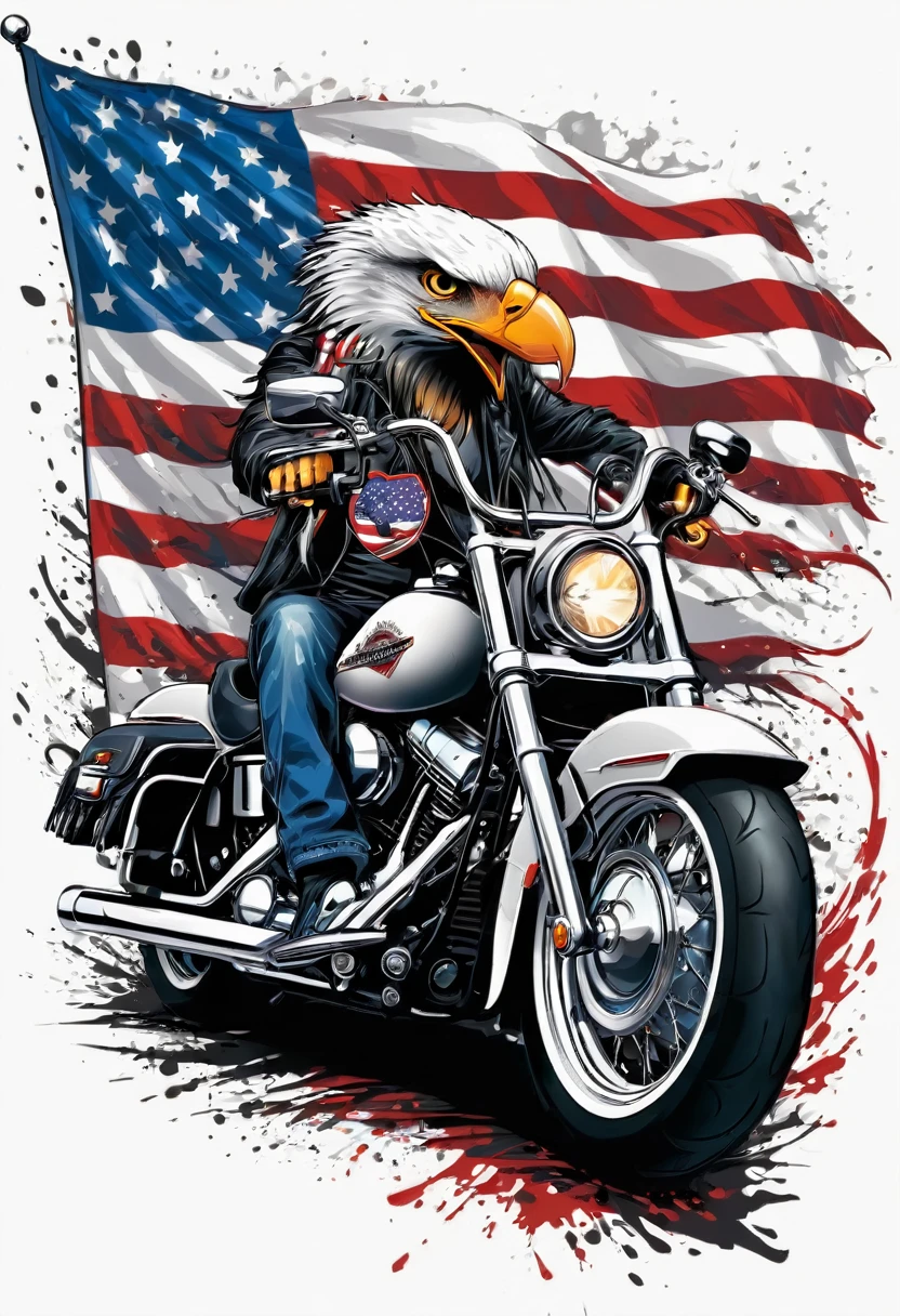 t-shirt designs, Create a menacing white t-shirt with a full Harley motorcycle, background with American flag and a small eagle emblem on the left side of the bike, highly detailed vector art, hd vector art, White background. The overall style is bold and intense, embodying the dark and edgy spirit of heavy metal music.