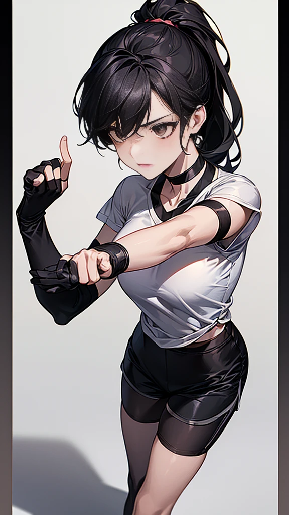 ((Highest quality)), ((masterpiece)), (detailed) {{{Slender female martial arts instructor}}} side Shorts {{Décolletage}} {{White short-sleeved T-shirt with long length}} Mature Woman ((Combat Stance)) Long fingerless gloves Black tights {{Inside the dojo}} Black Hair Long-haired ponytail ((Leggings with integrated shorts)) clavicle choker