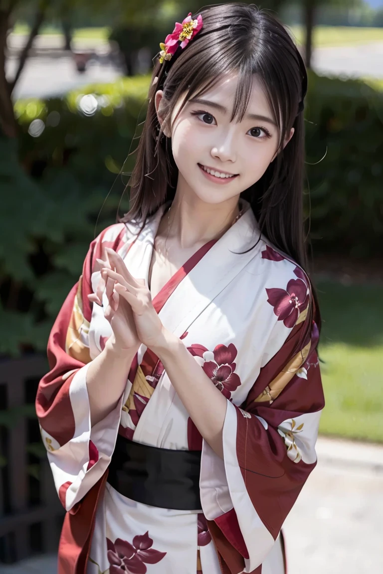 night, girl in red floral yukata robe, wave at the camera, wave hands(8k, top quality, high definition, the best masterpiece, childish face, 15 years old, small breasts, balance carefully, I'm watching my audience, big eyes, bilateral symmetrical eyes, laugh showing teeth, yukata, Japan kimono, red floral kimono, red floral yukata with one hand lightly raised and waving, realistic skin, hydrated skin, perfect model body type, photorealistic, raw photo, super cute, Upper body image, front pose)