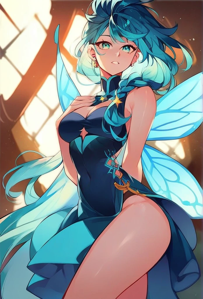 juder_style, score_9, score_8_up, score_7_up, score_6_up, score_5_up, score_4_up, hd, (ultra hd quality details), 8K, 1girl, long hair, Hourglass body, cyan eyes, indigo hair, 2d illustration, blue butterfly wings