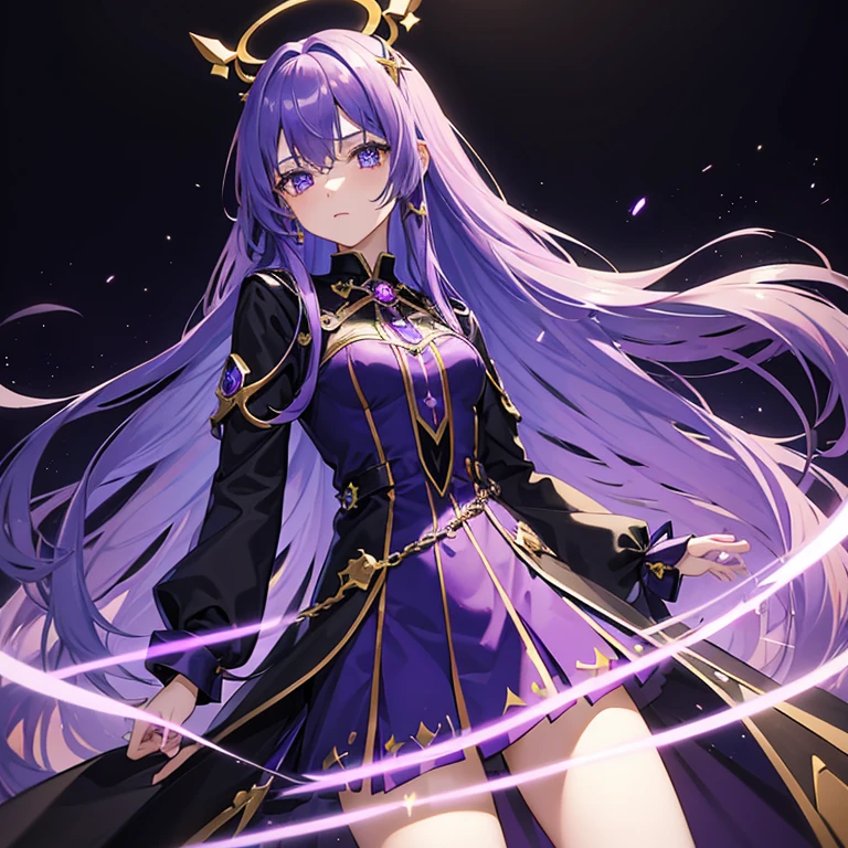cure slave(magical girl, blue eye, purple hair, long straight hair, blue side line in dark purple dress, gold vertical line in black coat), right blue wing hair pin, broken heart accessory,