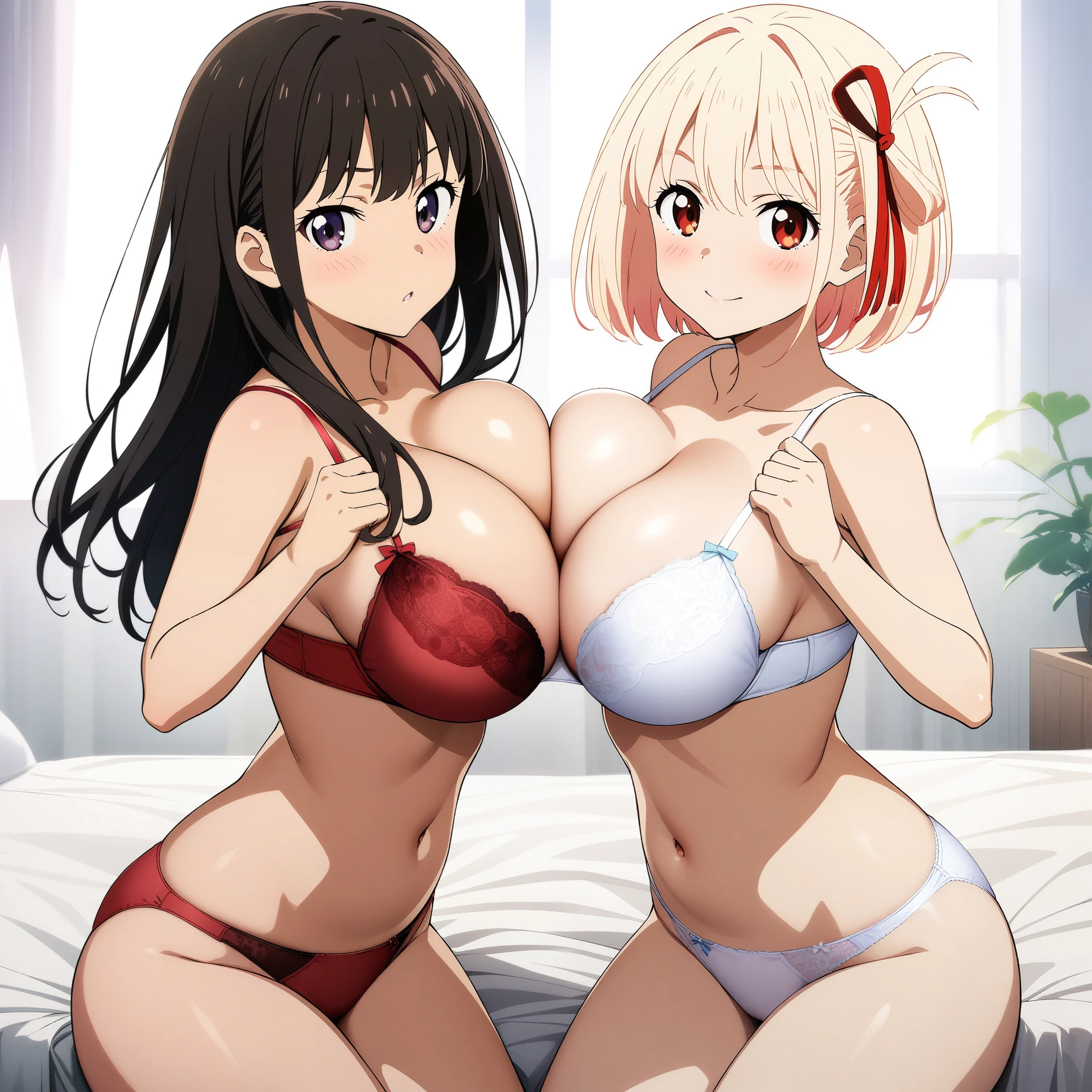 2girls, nishikigi chisato, inoue takina, lycoris recoil, couple, two women lined up, (girls sandwich, cooperative paizuri:1.3), nude, (red bra, red panties, white bra, white panties:1.3), huge breasts, looking at viewer, shy, blush, bed, masterpiece, best quality, very aesthetic, absurdres, perfect anatomy, symmetry, official art, nsfw,