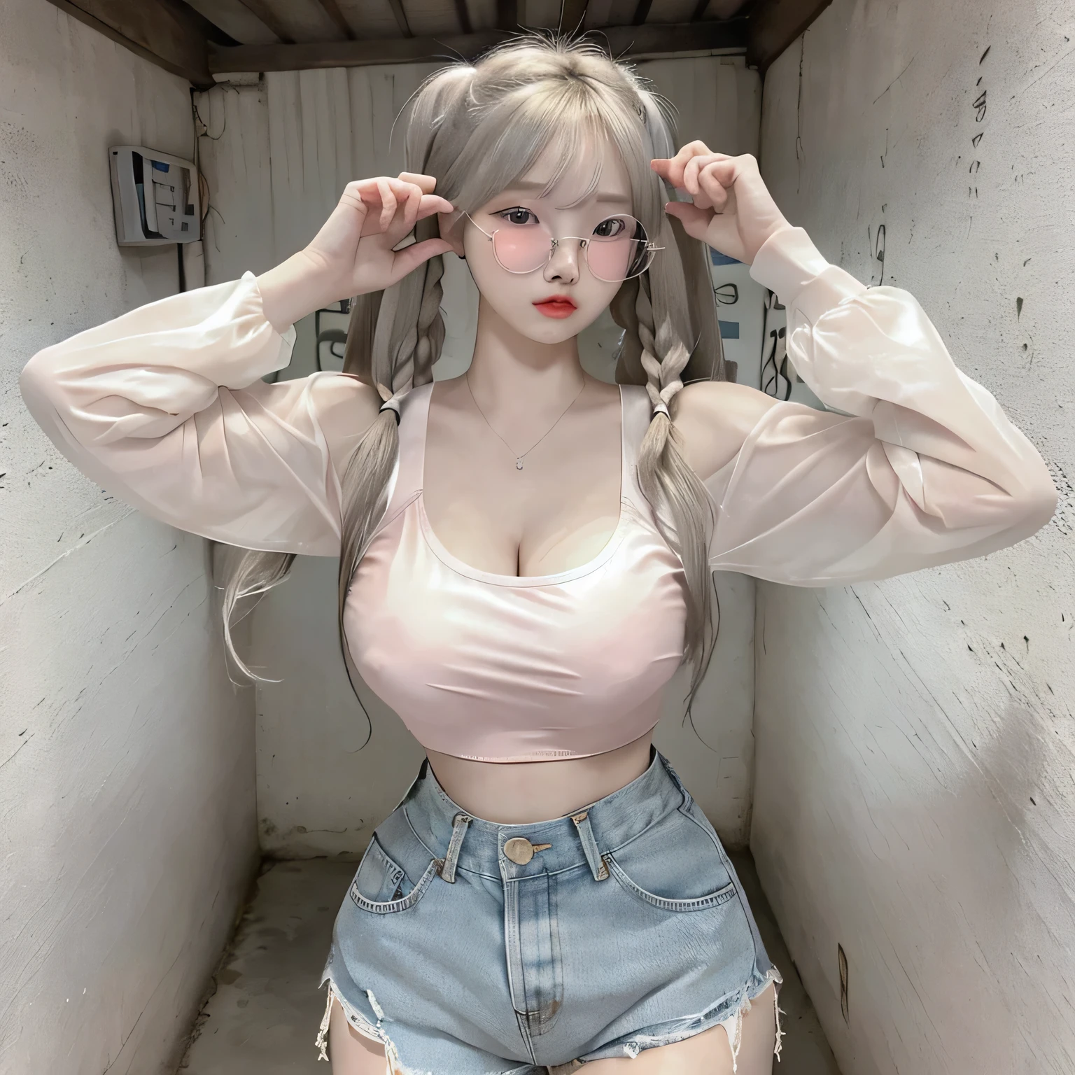 Top image quality、Raw photography、超A high resolution、18-year-old Korean、Glasses beauty、Colossal tits:1.5、cleavage of the breast:1.6、Healthy complexion、shiny white skin、((Hold twin tails))、((Light brown silver hair))、Beautiful eyes with random colors、very thin lips、beautiful eyes finely detailed、elongated eyes、pale pink blush、long eyeslashes、Beautiful double eyelids、eyeshadows、耳Nipple Ring、(Fashionable glasses、White tight tank top、denim short pants、Beautiful legs、Attractive thighs)、street snap、moderate leg thickness、Shot with emphasis on the legs、is standing、Photograph the whole body、Peace sign with both hands emphasizing cleavage