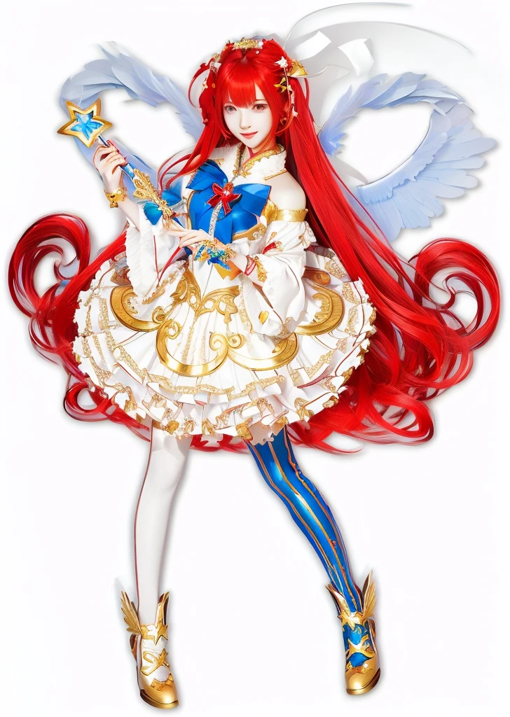 3D,Realistic,ULTRA QUALITY, WINGS BEHIND, HOLDING MAGIC STAR WAND, PRETTY ASIAN GIRL, RED HAIR