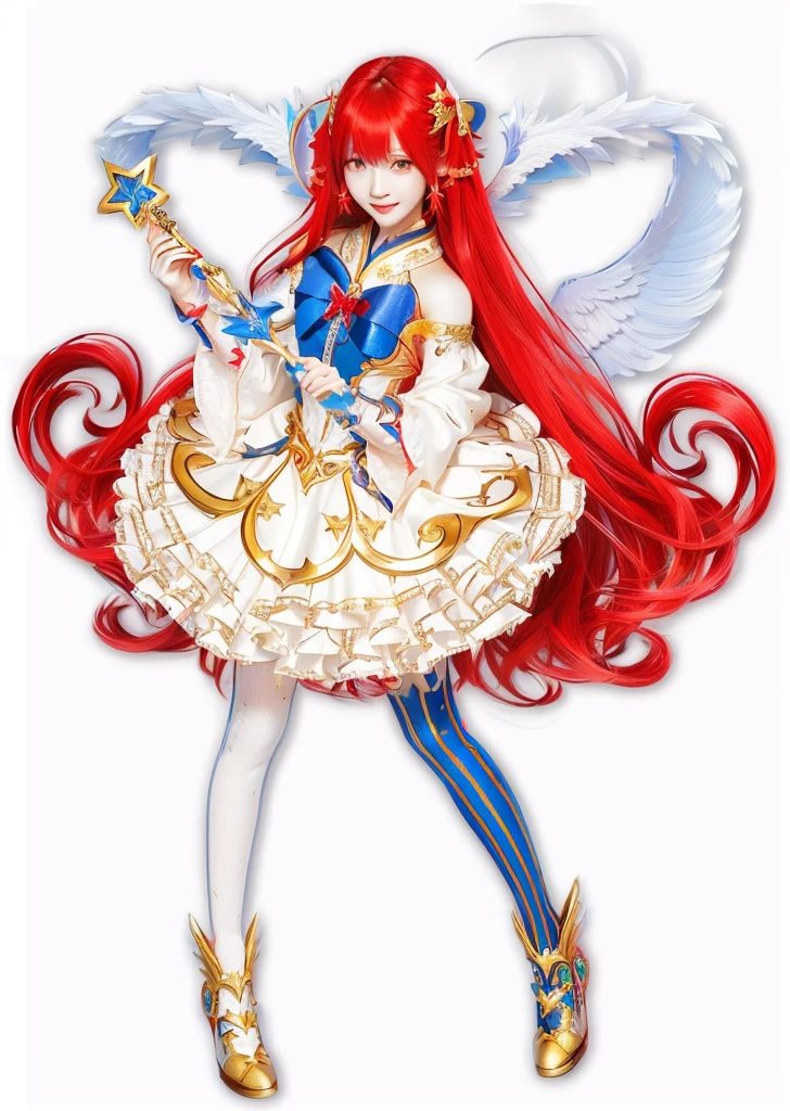 3D,Realistic,ULTRA QUALITY, WINGS BEHIND, HOLDING MAGIC STAR WAND, PRETTY ASIAN GIRL, RED HAIR