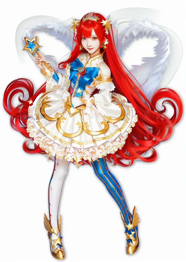 3D,Realistic,ULTRA QUALITY, WINGS BEHIND, HOLDING MAGIC STAR WAND, PRETTY ASIAN GIRL, RED HAIR