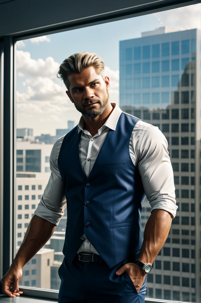 1 Man Zeus Style  with Lightning , vest, bow, photo, realistic, best quality, hires, detailed face, office, buildings from window, detailed background, diffused sunlight, depth of field, bokeh
