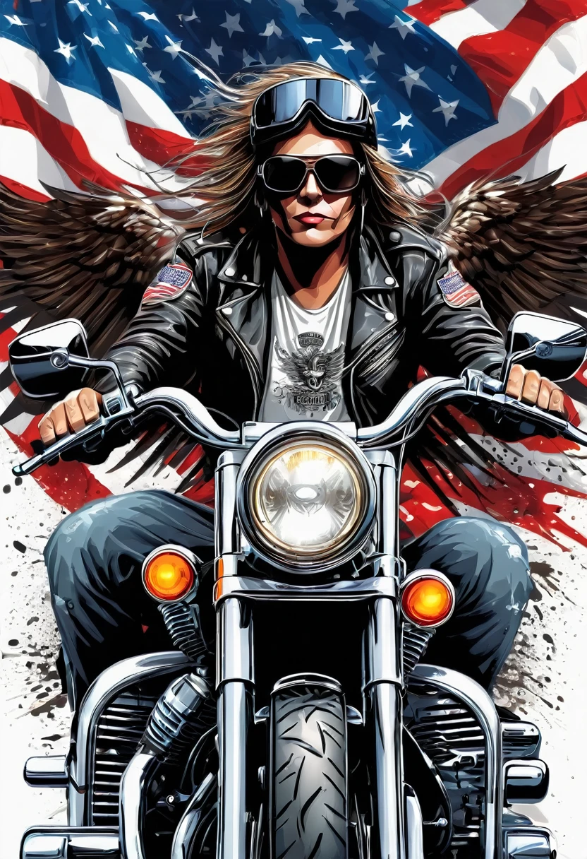 t-shirt designs, Create a menacing white t-shirt with a full Harley motorcycle, background with American flag and a small eagle emblem on the left side of the bike, highly detailed vector art, hd vector art, White background. The overall style is bold and intense, embodying the dark and edgy spirit of heavy metal music.