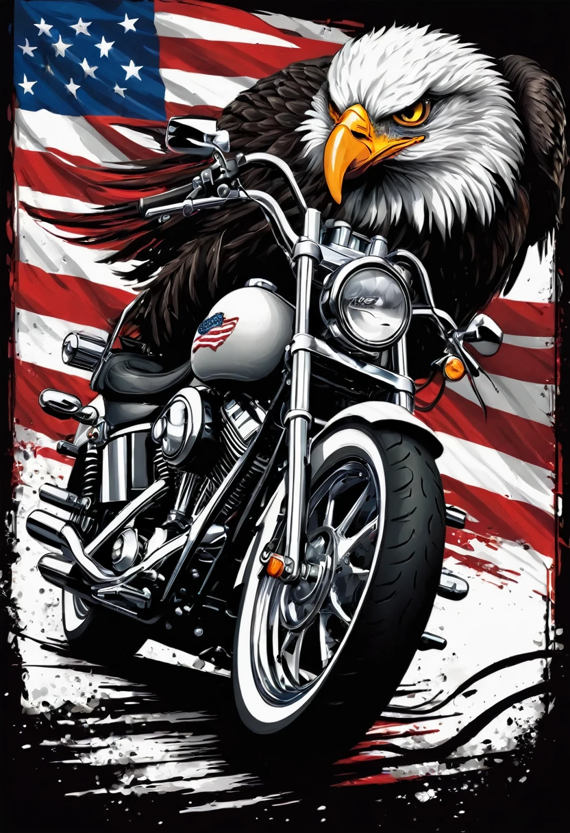 t-shirt designs, Create a menacing white t-shirt with a full Harley motorcycle, background with American flag and a small eagle emblem on the left side of the bike, highly detailed vector art, hd vector art, White background. The overall style is bold and intense, embodying the dark and edgy spirit of heavy metal music.