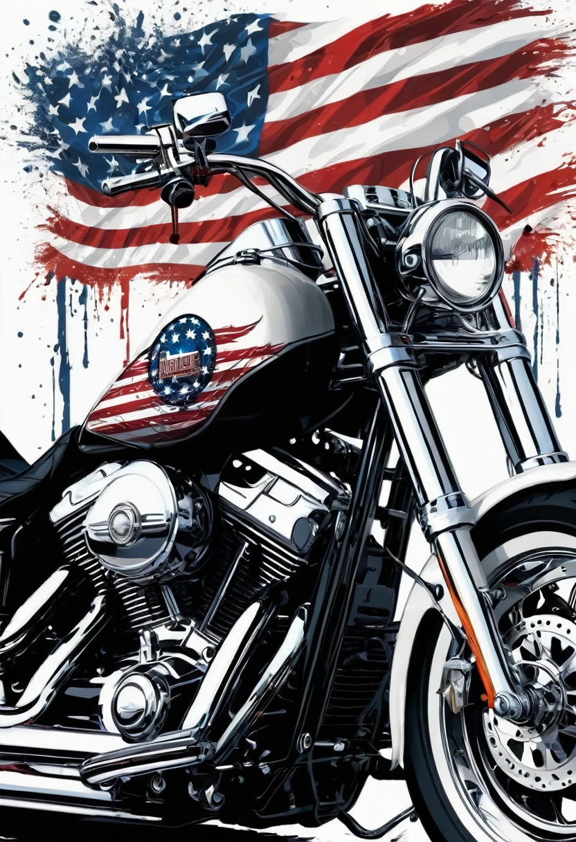 t-shirt designs, Create a menacing white t-shirt with a full Harley motorcycle, background with American flag and a small eagle emblem on the left side of the bike, highly detailed vector art, hd vector art, White background. The overall style is bold and intense, embodying the dark and edgy spirit of heavy metal music.