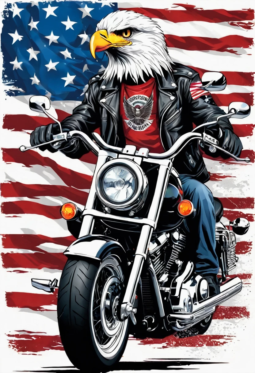 t-shirt designs, Create a menacing white t-shirt with a full Harley motorcycle, background with American flag and a small eagle emblem on the left side of the bike, highly detailed vector art, hd vector art, White background. The overall style is bold and intense, embodying the dark and edgy spirit of heavy metal music.