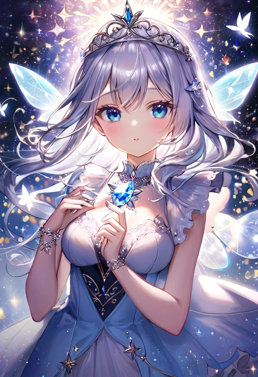 A beautiful jewel fairy girl with long silver hair, jeweled wings, a jeweled tiara on her head, wearing sparkling fairy clothes, holding a large jewel in front of her chest, delicate and fantastical background, sparkling hair, fantastical, one person, light blue eyes