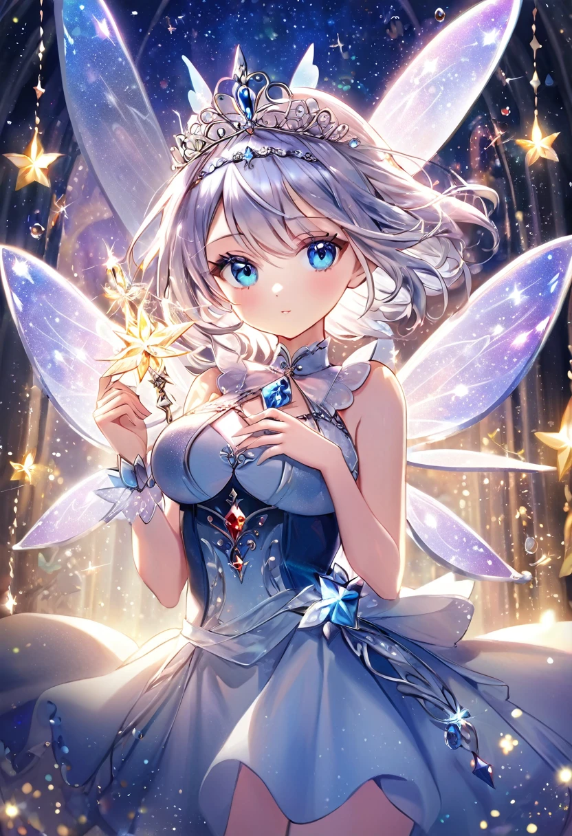 A beautiful jewel fairy girl with long silver hair, jeweled wings, a jeweled tiara on her head, wearing sparkling fairy clothes, holding a large jewel in front of her chest, delicate and fantastical background, sparkling hair, fantastical, one person, light blue eyes