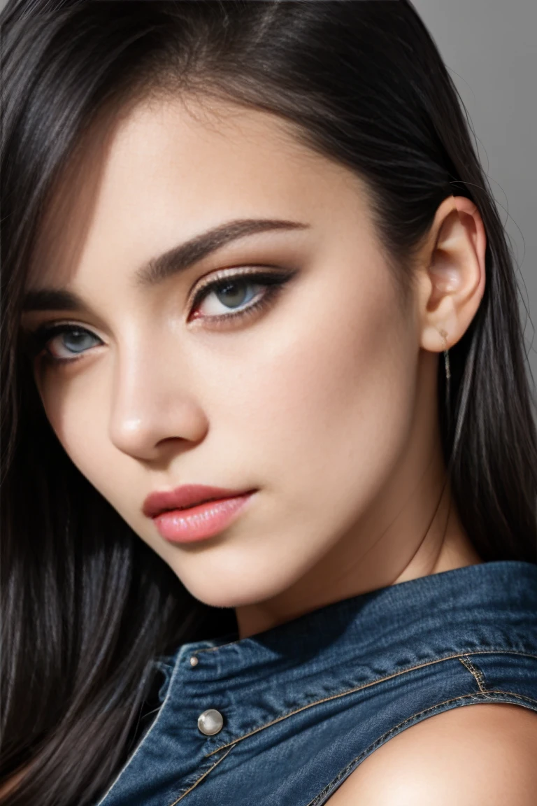 a beautiful 18 year old slim and sexy woman, black dress, denim shorts, detailed face, beautiful detailed eyes, beautiful detailed lips, extremely detailed face, longeyelashes, detailed clothing, high quality, photorealistic, 8k, studio lighting, vivid colors, elegant, graceful, fashionable
