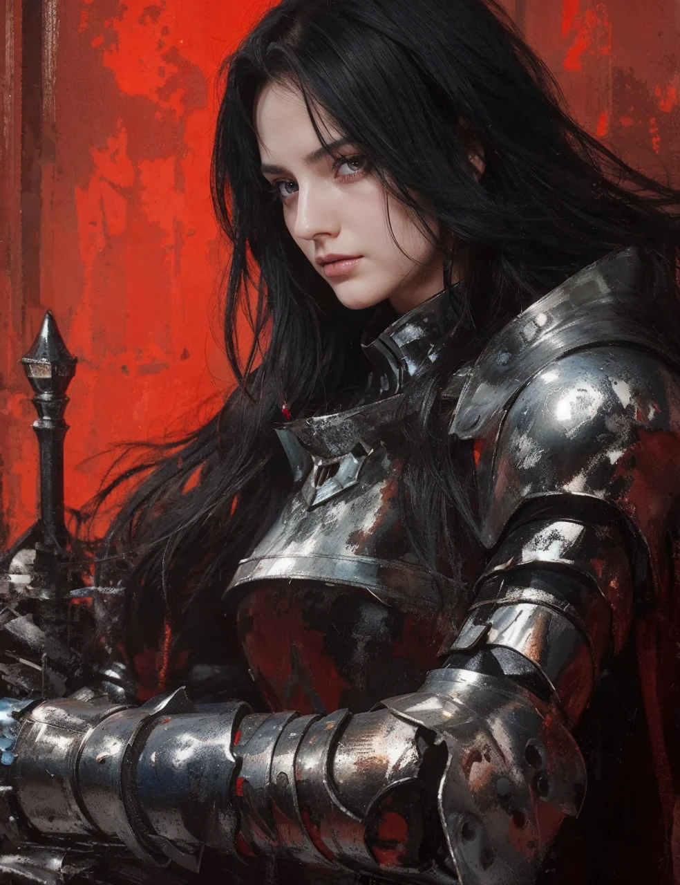 Girl knight with black hair , eye color dark blue.