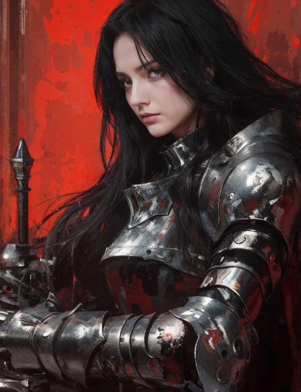 Girl knight with black hair , eye color dark blue.