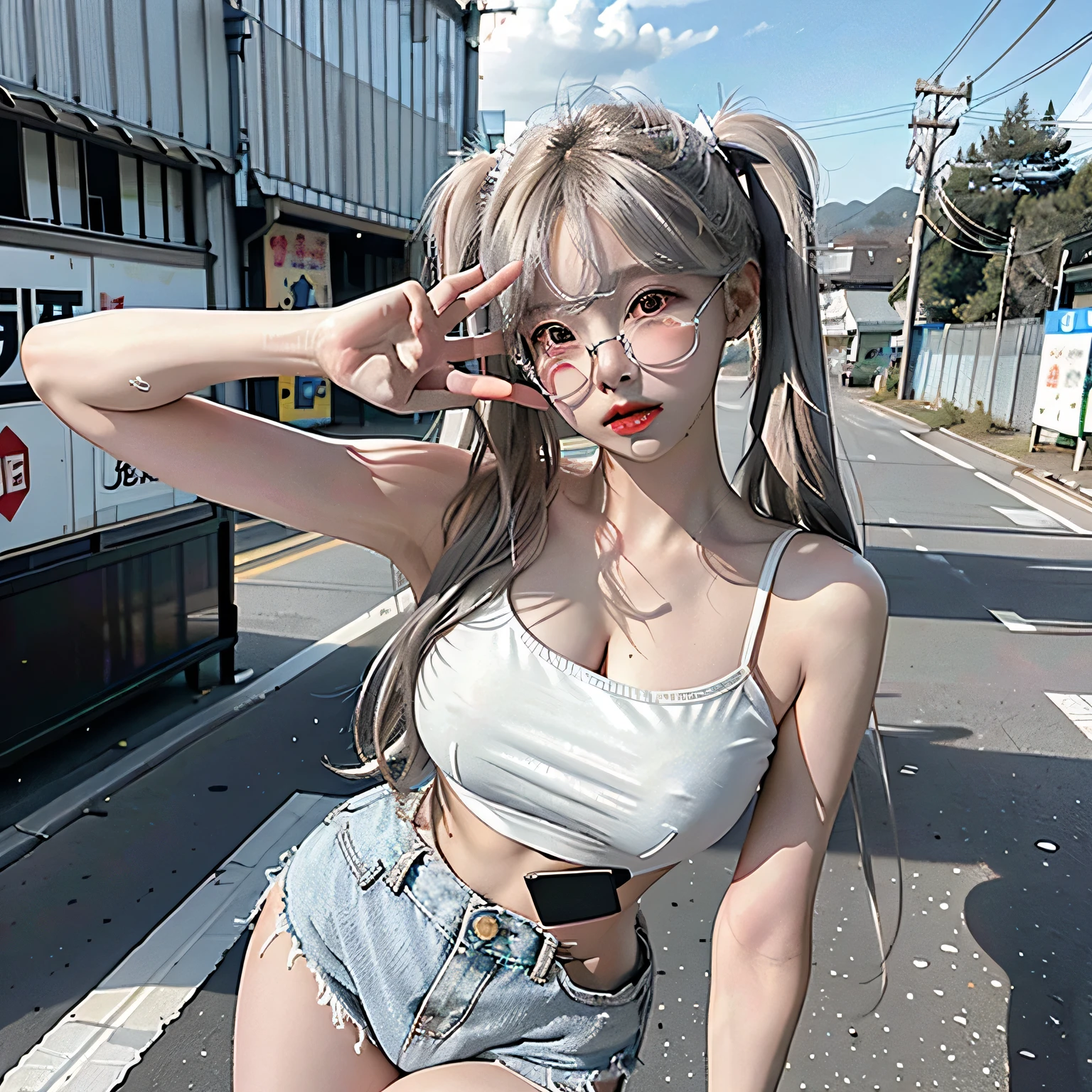 Top image quality、Raw photography、超A high resolution、18-year-old Korean、Glasses beauty、Colossal tits:1.5、cleavage of the breast:1.6、Healthy complexion、shiny white skin、((Hold twin tails))、((Light brown silver hair))、Beautiful eyes with random colors、very thin lips、beautiful eyes finely detailed、elongated eyes、pale pink blush、long eyeslashes、Beautiful double eyelids、eyeshadows、耳Nipple Ring、(Fashionable glasses、White tight tank top、denim short pants、Beautiful legs、Attractive thighs)、street snap、moderate leg thickness、Shot with emphasis on the legs、is standing、Photograph the whole body、Peace sign with both hands emphasizing cleavage