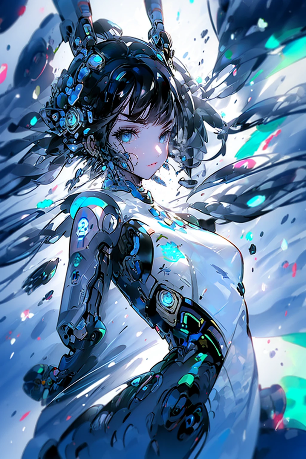 1girl,solo,cool,she is android,robot,machine,black and white,gold,in cyber world
