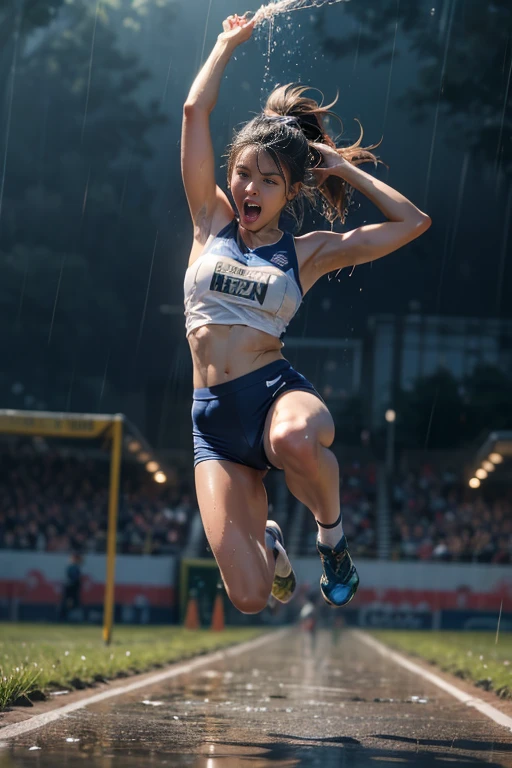 Best quality, highest resolution, masterpiece, detailed and realistic human body, (photorealistic: 1.2),(Sharp focus:1.2),(Perfect anatomy),1girl,Beautiful 22 year old Olympic track and field athlete,(Jumping in long jump),(Beautiful form jumping high),(Floating in the air),(Looking at viewer with wide eyes),(Screaming with mouth wide open),(Flying with legs wide open),(Drenched from head to toe in pouring rain:1.2),(Rain dripping from skin:1.3),(Glow effect),(Dark with heavy rain),Black tall ponytail,Cowboy shot,(Beautiful face, detailed and perfect face, large even eyes),Full breasts,Beautiful curves,Full body glowing skin,Fair skin,(Rain soaked skin-revealing uniform:1.3),(Rain soaked navy blue bloomers),(Stormy weather),((Pouring rain)),(Field of depth:1.3),Soft light,Ambient lighting,((Blur)),