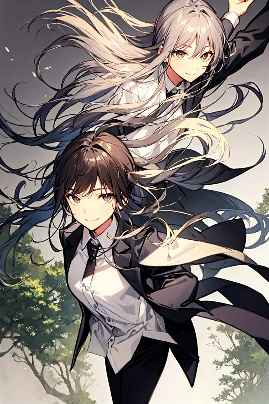 smile、Jump、The background is a forest