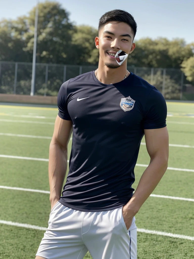 Tony Labrusca, (As a matter of fact, Masterpiece, 8k HD, good light quality, sportswear, fit the face, complicated details), A handsome, muscular young Korean man. , 20 years old, be happy, smile brightly, detailed face, delicate eyes, มองดูsky, Wear a tight blue t-shirt., period, black eyes, Black hair color, ผมsmooth, smooth, outdoor sports, Along the football field, Sunny,sky,Surreal,Superb details,Highest quality,real,