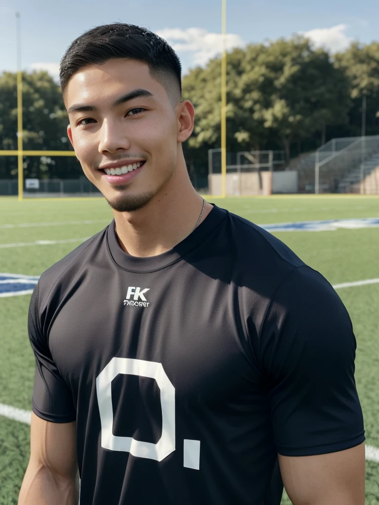 Tony Labrusca, (As a matter of fact, Masterpiece, 8k HD, good light quality, sportswear, fit the face, complicated details), A handsome, muscular young Korean man. , 20 years old, be happy, smile brightly, detailed face, delicate eyes, มองดูsky, Wear a tight blue t-shirt., period, black eyes, Black hair color, ผมsmooth, smooth, outdoor sports, Along the football field, Sunny,sky，Surreal，Superb details，Highest quality，real，