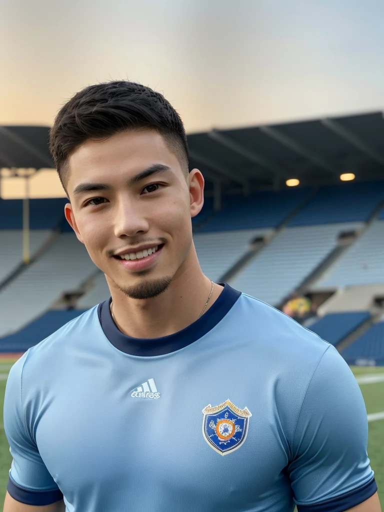 Tony Labrusca, (As a matter of fact, Masterpiece, 8k HD, good light quality, sportswear, fit the face, complicated details), A handsome, muscular young Korean man. , 20 years old, be happy, smile brightly, detailed face, delicate eyes, มองดูsky, Wear a tight blue t-shirt., period, black eyes, Black hair color, ผมsmooth, smooth, outdoor sports, Along the football field, Sunny,sky，Surreal，Superb details，Highest quality，real，