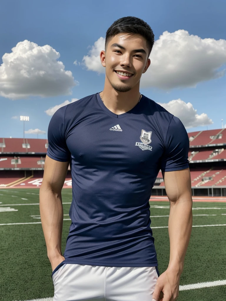 Tony Labrusca, (As a matter of fact, Masterpiece, 8k HD, good light quality, sportswear, fit the face, complicated details), A handsome, muscular young Korean man. , 20 years old, be happy, smile brightly, detailed face, delicate eyes, มองดูsky, Wear a tight blue t-shirt., period, black eyes, Black hair color, ผมsmooth, smooth, outdoor sports, Along the football field, Sunny,sky，Surreal，Superb details，Highest quality，real，