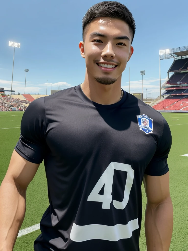 Tony Labrusca, (As a matter of fact, Masterpiece, 8k HD, good light quality, sportswear, fit the face, complicated details), A handsome, muscular young Korean man. , 20 years old, be happy, smile brightly, detailed face, delicate eyes, มองดูsky, Wear a tight blue t-shirt., period, black eyes, Black hair color, ผมsmooth, smooth, outdoor sports, Along the football field, Sunny,sky,Surreal,Superb details,Highest quality,real,