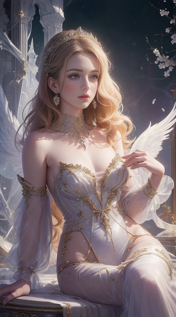 (Highest quality,8k,High resolution,masterpiece:1.2),Very detailed,(Realistic,Realistic,Photorealistic:1.37),Portraiture,Creative style artwork,historic,Classic,Sophisticated,Variety of colors,Very detailed,Soft lighting,Luxurious surroundings,Delicate fairy flowing dress,Bright flowers,Elaborate jewelry,Ethereal atmosphere,Elegant pose,Graceful curves,Gold Body Proportion,Flowing Hair,Breathtaking textile patterns,Stern purple eyes,Delicate floral decoration,A stunning array of crystal accessories,Mysterious and dreamy atmosphere,Perfect attention to detail.Angel