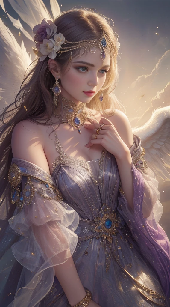 (Highest quality,8k,High resolution,masterpiece:1.2),Very detailed,(Realistic,Realistic,Photorealistic:1.37),Portraiture,Creative style artwork,historic,Classic,Sophisticated,Variety of colors,Very detailed,Soft lighting,Luxurious surroundings,Delicate fairy flowing dress,Bright flowers,Elaborate jewelry,Ethereal atmosphere,Elegant pose,Graceful curves,Gold Body Proportion,Flowing Hair,Breathtaking textile patterns,Stern purple eyes,Delicate floral decoration,A stunning array of crystal accessories,Mysterious and dreamy atmosphere,Perfect attention to detail.Angel