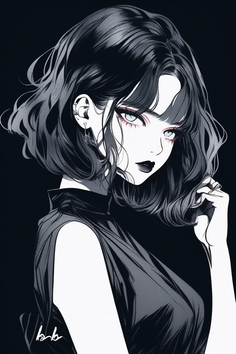 (best quality, sketch:1.2),realistic,illustrator,anime,1 girl, detailed lips, black dress,custom, (background dark monochrome),neon hair,textured cropping, masterpiece, style retro classic, noir dark, art, sketch book, (bob hair black:1.75 neon:1.32), bad women , dark monochrome background