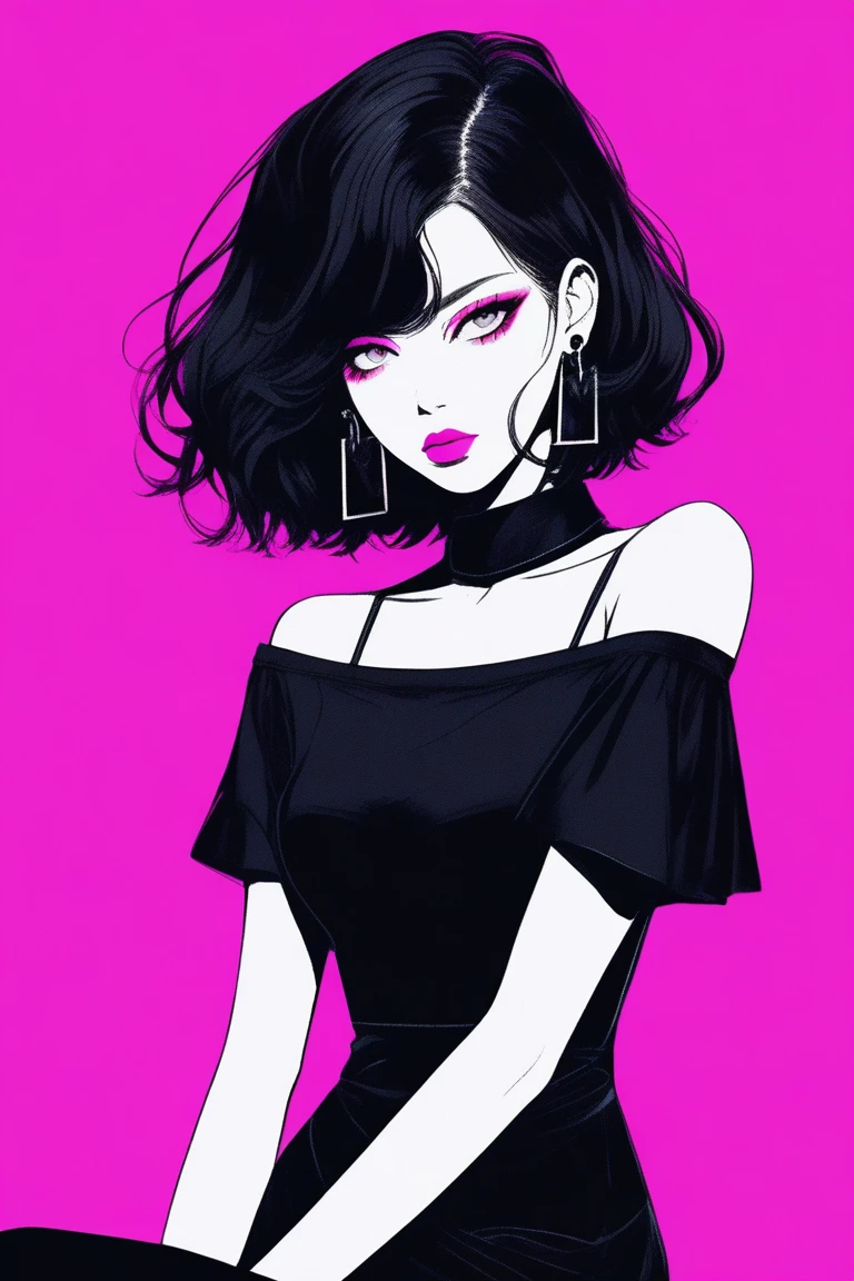 (best quality, sketch:1.2),realistic,illustrator,anime,1 girl, detailed lips, black dress,custom, (background dark monochrome),neon hair,textured cropping, masterpiece, style retro classic, noir dark, art, sketch book, (bob hair black:1.75 neon:1.32), bad women , dark monochrome background