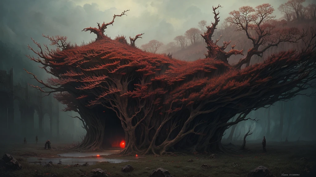 Zdzislaw Beksinski and album covers, Horizontal image ,Echoes of Fury,ghost, romantic, Surrealism, of the future ,微笑むredちゃん, coral, Wizard, dark, red