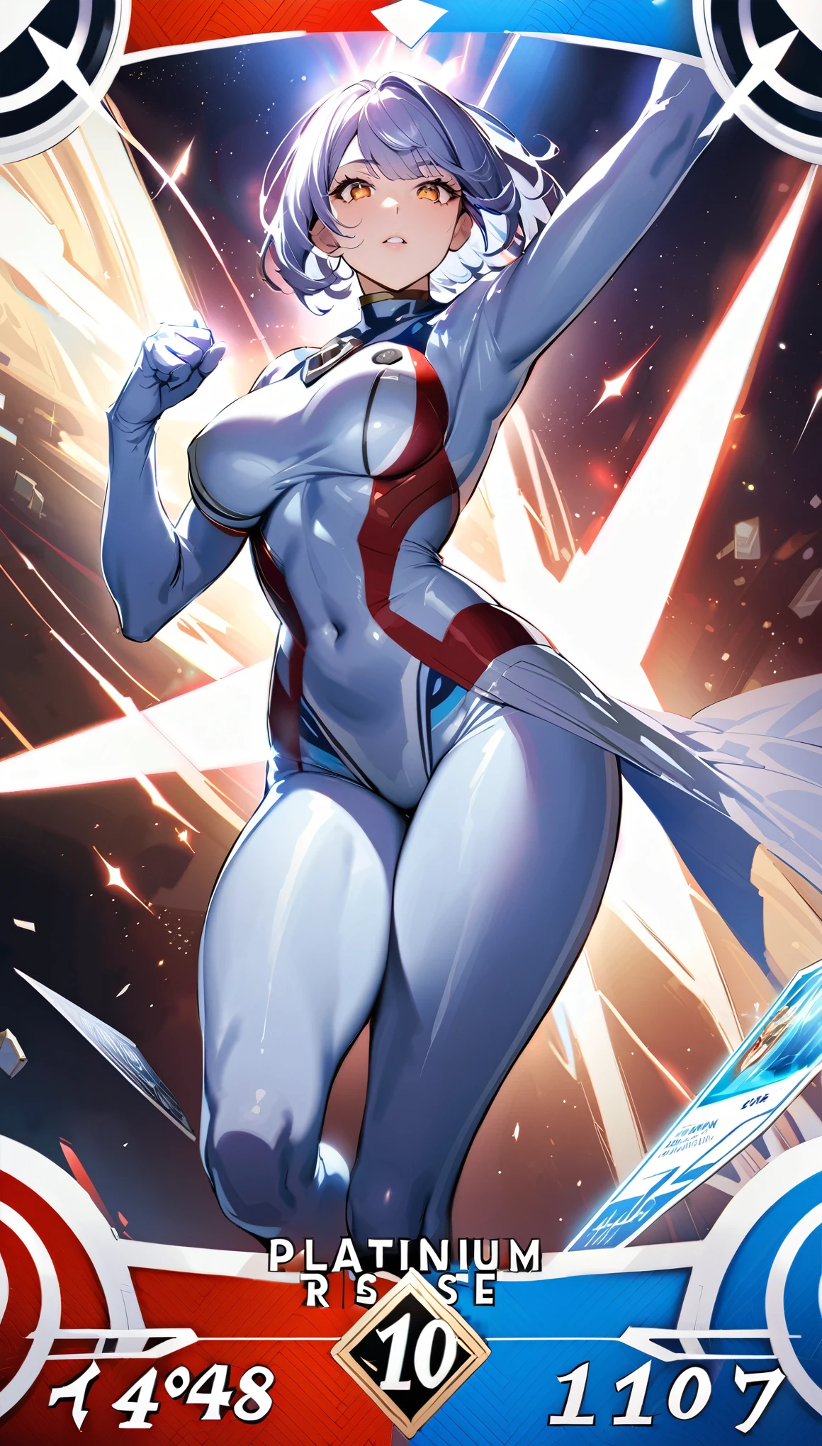 (masterpiece:1.2,Highest quality,Highest quality,High resolution,Very detailed),8k,1 female,Mature female heroine,40 years old,Woman transforming into Ultraman, (Dynamic Makeover:1.2),(Dynamic hair movement:1.2),(short hair),(Shiny Ultraman uniform),(Glowing Skin,Big eyes,Droopy eyes,Long eyelashes,Beautiful thighs,Beautiful Hair,Beautiful Face,Beautiful Eyes,Beautiful body,Beautiful breasts,Beautiful feet,Beautiful fingers),break((Ultraman)),((Ultraman_rise:1.5)),((hand)),(Raise your right fist straight up),(右handはパンチ),(Extend your right arm straight),((Detailed drawing of a fist),(Severe),(The background is a glowing prism flash),((Wrapped in dazzling light)),((Beautiful trading cards,Platinum Card))