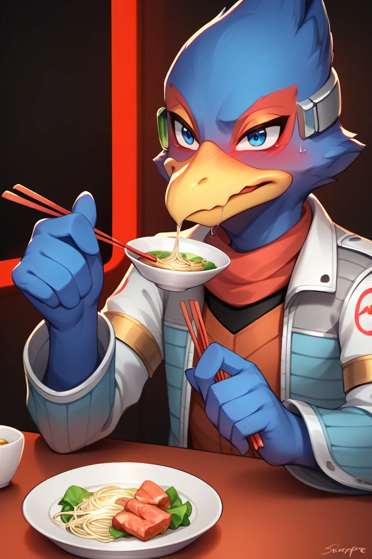 スcore_9, スcore_8_superior, スcore_7_superior, core_6_superior, One boy, alone, Falco Lombardi, Inside the spaceship, Beckoning, Straight ahead, in a blue, dark room,Eating somen noodles,holding chopsticks in one hand,Slurping noodles,Embarrassed,Has a shy look on his face。 Detailed face, High resolution,Drooling from the mouth,