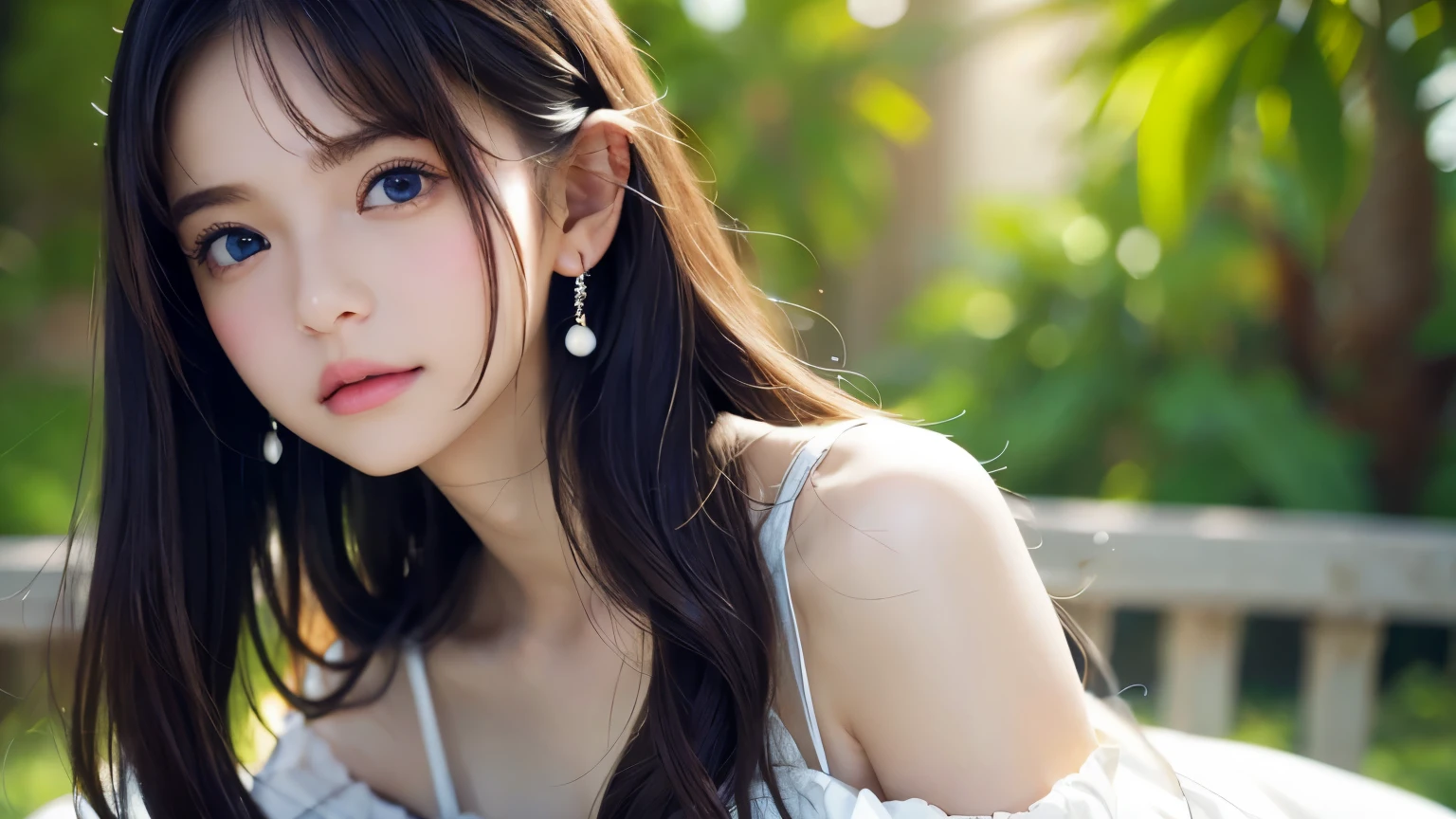 Image from chest up:1.6)、Close-up portrait of a girl wearing only a white off-shoulder top dress and earrings, Soft portrait shot 8k, Nice delicate face, High-quality 4K portraits, High-quality portraits, Soft, perfect, pale skin, 8K Highly Detailed Face, なbeautiful繊細な顔, beautiful光の大きな目, Beautiful and realistic face, beautiful18Year old girl, Beautiful and realistic face, cute18Year old girl