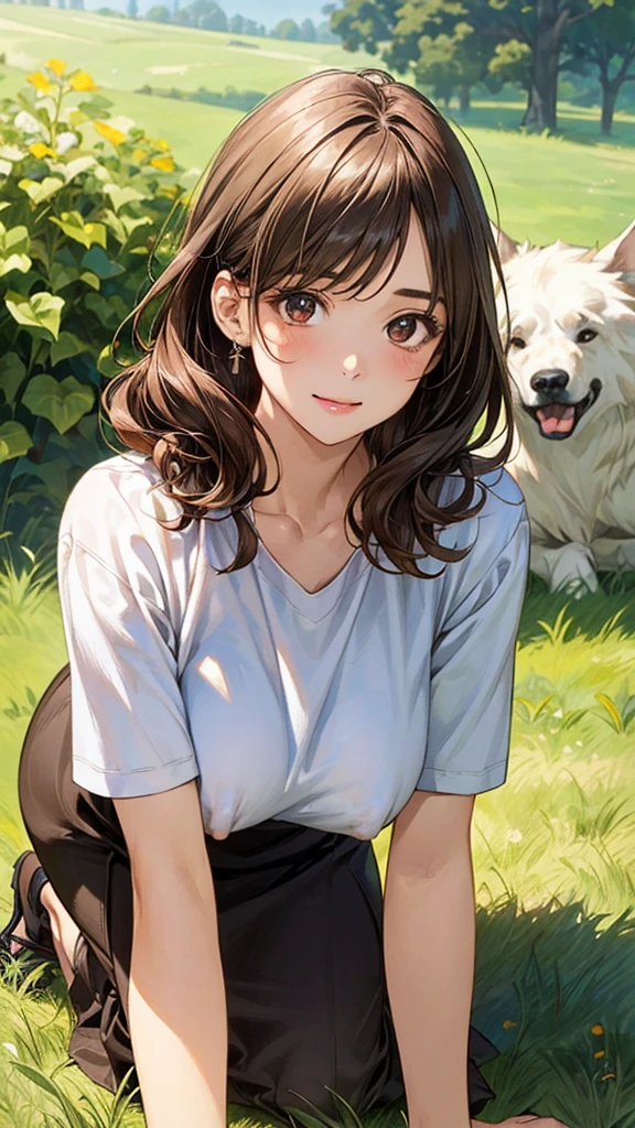 (masterpiece:1.2, top-quality), (realistic, photorealistic:1.4), beautiful illustration, (natural side lighting, movie lighting), ,
looking at viewer, 1 girl, , high school girl, perfect face, cute and symmetrical face, shiny skin,
(short hair:1.5, curly hair:1.5, ((very long back hair)), light brown hair), crossed bangs, brown eyes, big eyes, slant eyes, long eye lasher, (large breasts, curvy waist, big ass), glamour,
beautiful hair, beautiful face, beautiful detailed eyes, beautiful clavicle, beautiful body, beautiful chest, beautiful thigh, beautiful legs, beautiful fingers,
In the grass in the meadow, ((A girl is on all fours.)) A large dog is hugging her back.
Her face is bright red, her brow is furrowed, her mouth is open, and she looks delighted. Her large breasts and nipples are standing out, even through her shirt. Her skirt is shorter than usual, but even shorter. The girl has brown hair.
(Very short skirt).