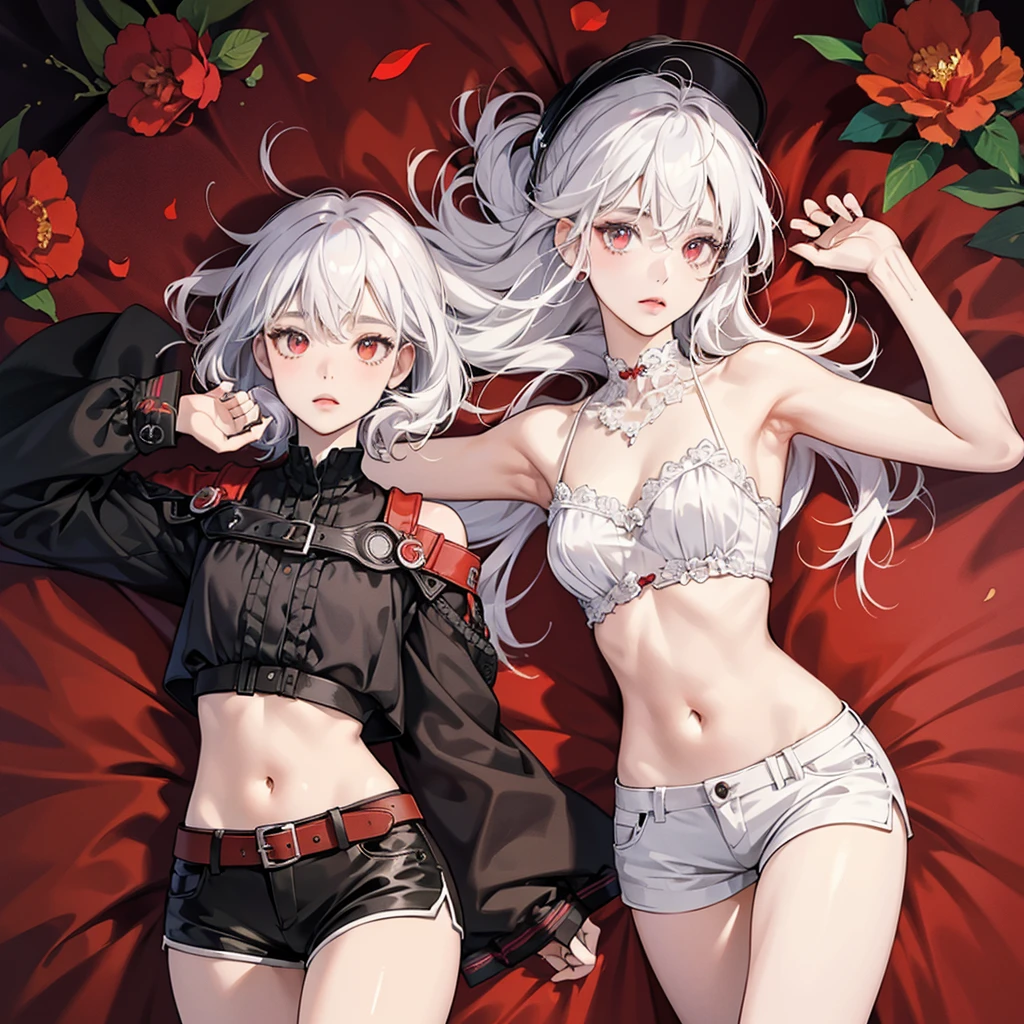 (masterpiece, Highest quality, Highest quality, Official Art, beautifully、aesthetic:1.2),(8k, Highest quality, masterpiece:1.2), (((masterpiece))),(((Highest quality))),(((extremely detailed))),illustratiのsuperior,Who, (masterpiece, Highest quality, Highest quality, Official Art, beautifully、aesthetic:1.2),(8k, Highest quality, masterpiece:1.2), detailed, (masterpiece:1.2), (青whiteい_skin:1.2), (alone:1.2), (woman), thin, (Shine_eye), red_eye, shorts, lのsuperiorg_hair, Glovess, flower, belly button, white_hair, armpits, Spider_Yuri, black_Glovess, short_shorts, tattoo, black_shorts, Broke up_lips, Lie in, single_Gloves, のsuperior_return, eye_appear_Through_hair, Stomach, red_flower, 前hair, belt, arm_superior, abdomen, asymmetrical_Glovess, cowboy_shot, independent_sleeve, just_shoulder, red_Glovess