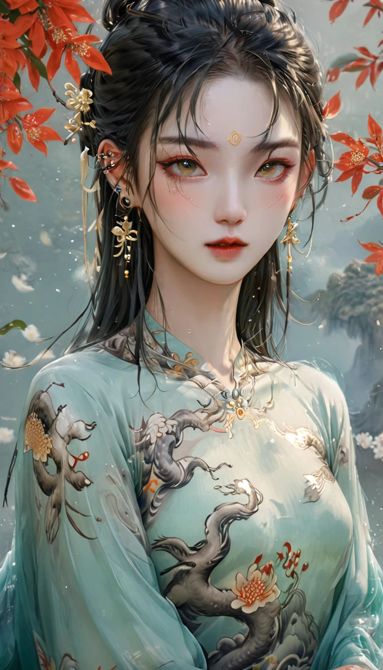 Chinese Beauty, Charming temperament, floating long dress, Clear face, beautiful eyes, Around osmanthus flowers, A masterpiece of perfect body structure proportions, Very detailed, Epic creation, Color Tattoo Art, Neo-Traditional Tattoo Art, SD tattoo design, Color Tattoo Art, mystery、enthusiasm、Friendly atmosphere, Surrealism, Ultra HD, high quality, best quality, 32K --v 6