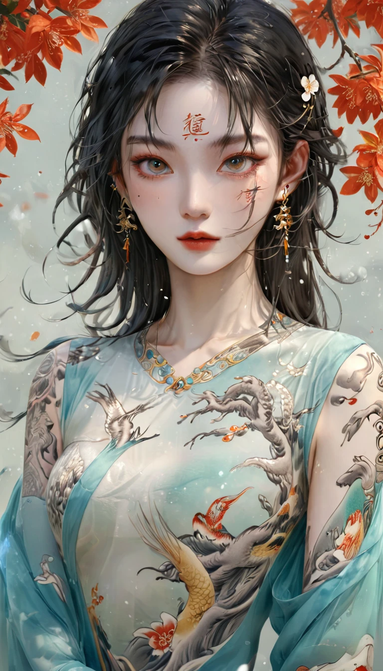 Chinese Beauty, Charming temperament, floating long dress, Clear face, beautiful eyes, Around osmanthus flowers, A masterpiece of perfect body structure proportions, Very detailed, Epic creation, Color Tattoo Art, Neo-Traditional Tattoo Art, SD tattoo design, Color Tattoo Art, mystery、enthusiasm、Friendly atmosphere, Surrealism, Ultra HD, high quality, best quality, 32K --v 6