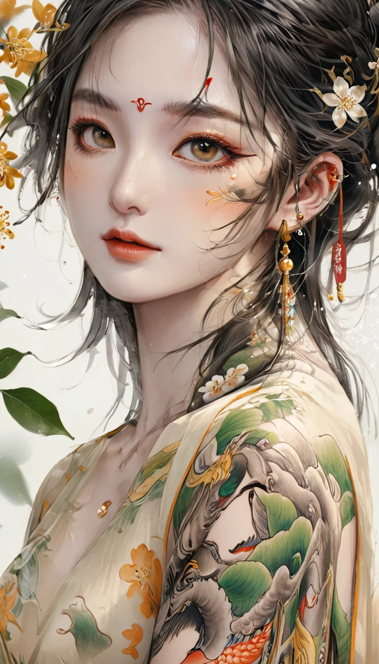 Chinese Beauty, Charming temperament, floating long dress, Clear face, beautiful eyes, Around osmanthus flowers, A masterpiece of perfect body structure proportions, Very detailed, Epic creation, Color Tattoo Art, Neo-Traditional Tattoo Art, SD tattoo design, Color Tattoo Art, mystery、enthusiasm、Friendly atmosphere, Surrealism, Ultra HD, high quality, best quality, 32K --v 6
