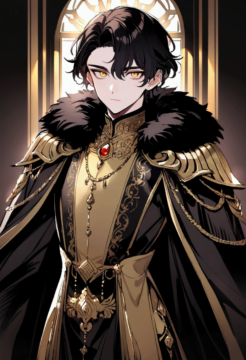 The Emperor was still very young, a teenager with a cold and intimidating gaze, very handsome and charming, dressed in elegant black and gold clothes, standing with dignity and a cold gaze. 
