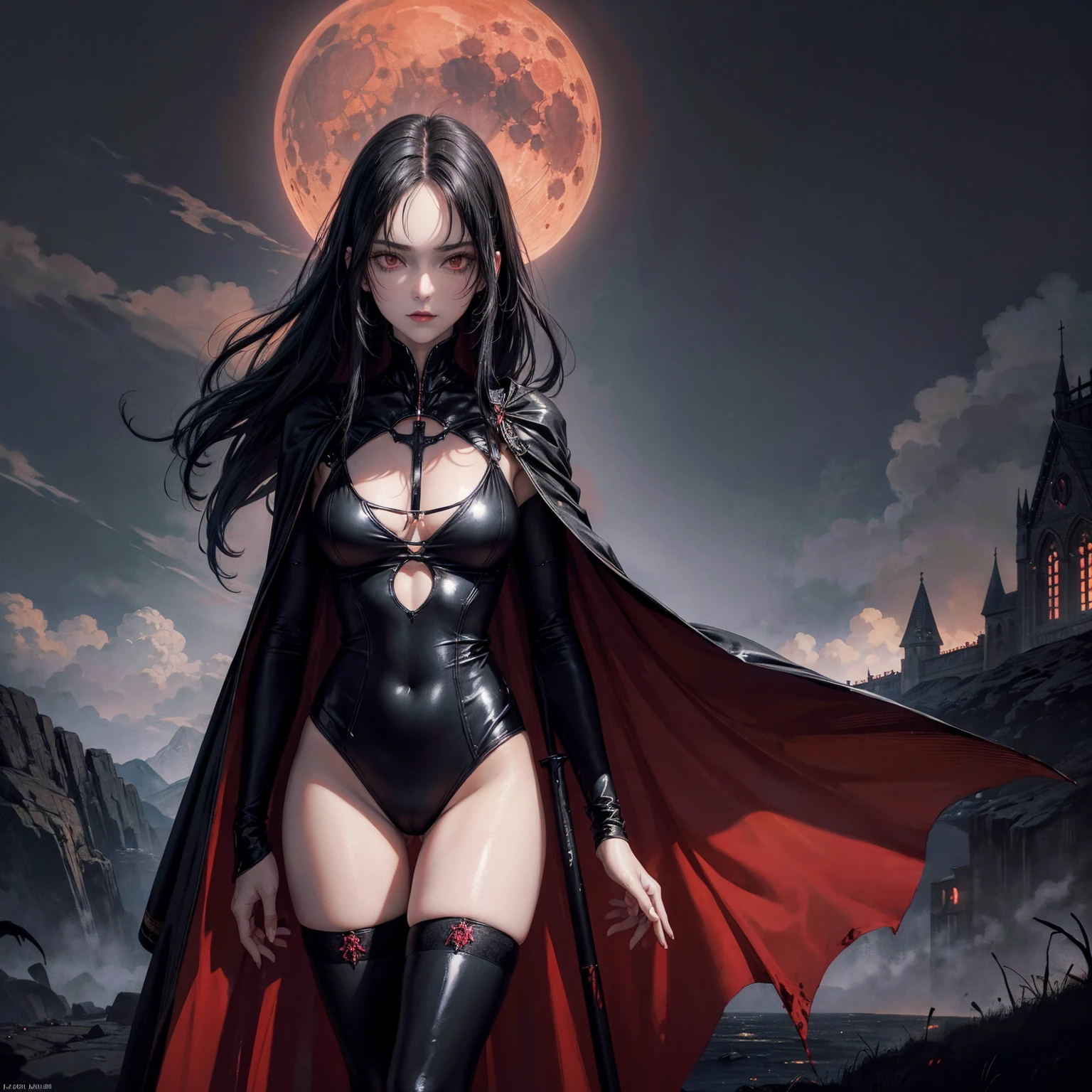 best quality, 4K, high resolution, masterpiece:1.2, Very detailed, actual:1.37, Mood lighting, Girl in a long cape, Wearing a reflective latex one-piece swimsuit and a pair of knee-high stockings, Exposes the navel, Aloofness emotion, Dangerous sneer, Beautiful but cruel smile, Black Hair, Standing, Facing the camera, Crucified, Pitch black sky, Blood-red moon, strange atmosphere, Gothic style, Unforgettable beauty, Dramatic shadows, Ethereal Light, Mysterious atmosphere.