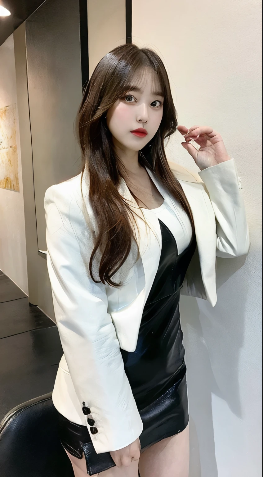 K pop actress muscular hips and thighs,short white cotton jacket,black leather mini thigh dress,big thighs and hips,bulging thighs,muscle legs,sprinkling water,thickest thighs