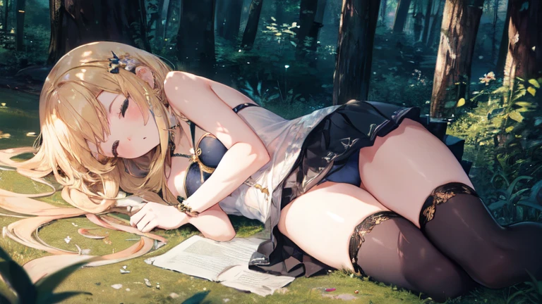 super high quality, Super detailed, Ultra-clear, In the forest, one person, long blonde hair, sleep, Swimsuit, Clothes with intricate details, mini skirt, Stockings