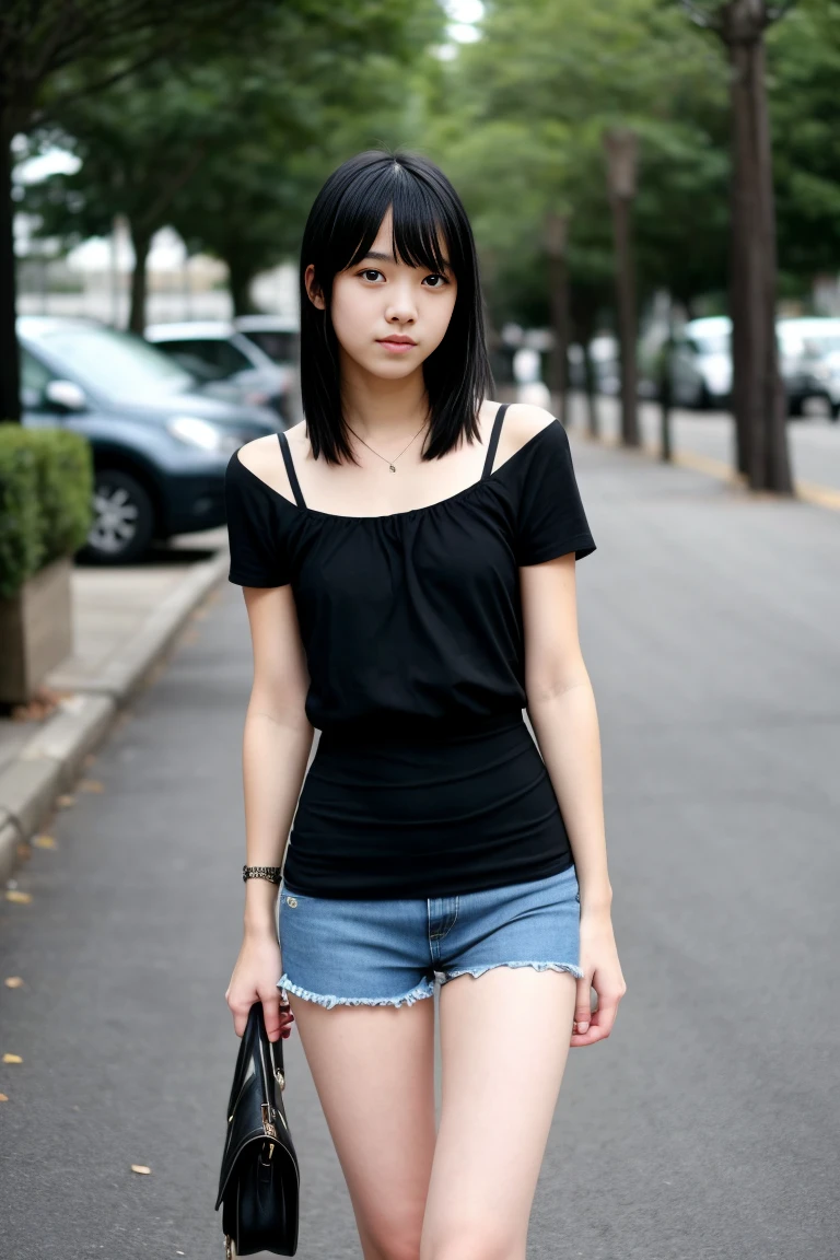 a beautiful 18 year old slim and sexy woman, emo girl, black dress, denim shorts, visible legs