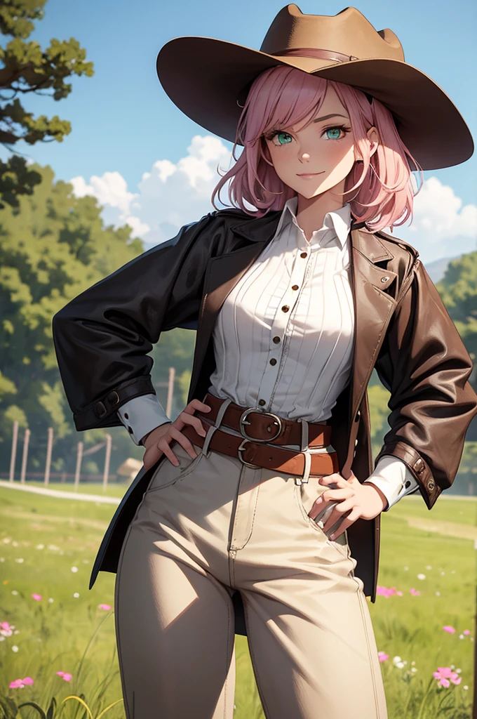 short slim 1890s cow girl in her early 20s with pink hair. green eyes. brown cowboy hat. white button up shirt black leather pants. with a brown belt in a field with her hands on her hips smiling