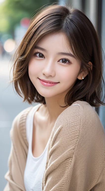 Happy smile seeing this、In the city、(Highest quality,8K quality,masterpiece:1.3,),(Ultra-high resolution:1.3,Realistic:1.4,RAW Photos:1.2),(Very detailed:1.2,Glowing Skin,Detailed skin:1.1),(Detailed face,Perfect Anatomy,Caustics:1.2),,1 girl,cute,Japanese,18-year-old,Japanese Ido,Natural brown hair,Curl short hair outward,cute目,Natural Makeup,bright casual clothes,Laughter,Looking into the camera,On the face,Face Focus,Professional Lighting,Natural soft light,